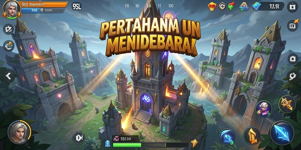 Tampilan gameplay menara pertahanan di 9SL yang menarik.