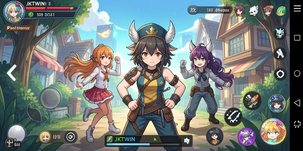 Tampilan gameplay dari JKTWIN yang penuh warna dan karakter anime favorit.