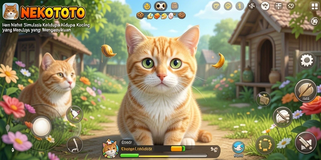 Screenshot gameplay NEKOTOTO dengan kucing yang menggemaskan.